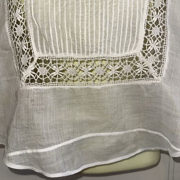 Antique thin white cotton lawn high neck long sleeve blouse with lace & pleats - Picture 3 of 14